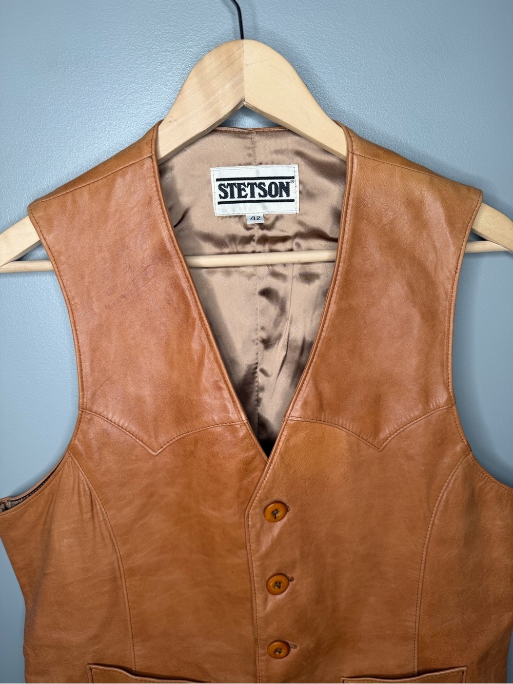 STETSON Vintage 80s Cognac Leather Western Vest - Picture 4 of 14